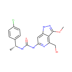 COc1n[nH]c2cc(NC(=O)N[C@H](C)c3ccc(Cl)cc3)nc(CO)c12 ZINC001772637118