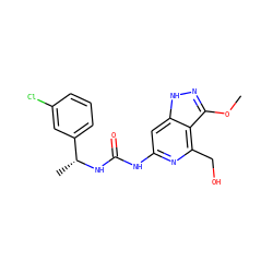 COc1n[nH]c2cc(NC(=O)N[C@H](C)c3cccc(Cl)c3)nc(CO)c12 ZINC001772606644