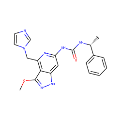 COc1n[nH]c2cc(NC(=O)N[C@H](C)c3ccccc3)nc(Cn3ccnc3)c12 ZINC001772657757