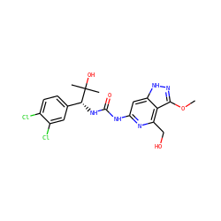 COc1n[nH]c2cc(NC(=O)N[C@H](c3ccc(Cl)c(Cl)c3)C(C)(C)O)nc(CO)c12 ZINC001772584743