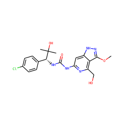 COc1n[nH]c2cc(NC(=O)N[C@H](c3ccc(Cl)cc3)C(C)(C)O)nc(CO)c12 ZINC001772599784