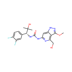 COc1n[nH]c2cc(NC(=O)N[C@H](c3ccc(F)c(F)c3)C(C)(C)O)nc(CO)c12 ZINC001772606204