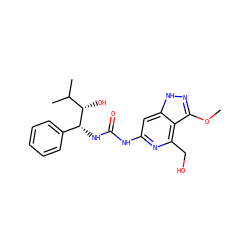 COc1n[nH]c2cc(NC(=O)N[C@H](c3ccccc3)[C@@H](O)C(C)C)nc(CO)c12 ZINC001772572109