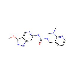 COc1n[nH]c2cc(NC(=O)NCc3cccnc3N(C)C)ncc12 ZINC001772629141