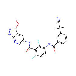 COc1n[nH]c2ncc(NC(=O)c3c(F)ccc(NC(=O)c4cccc(C(C)(C)C#N)c4)c3F)cc12 ZINC000095577709