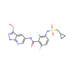 COc1n[nH]c2ncc(NC(=O)c3c(F)ccc(NS(=O)(=O)CC4CC4)c3F)cc12 ZINC000072182195