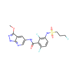 COc1n[nH]c2ncc(NC(=O)c3c(F)ccc(NS(=O)(=O)CCCF)c3F)cc12 ZINC000072182346