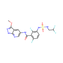 COc1n[nH]c2ncc(NC(=O)c3c(F)ccc(NS(=O)(=O)NCC(F)F)c3F)cc12 ZINC000043207241