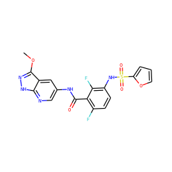 COc1n[nH]c2ncc(NC(=O)c3c(F)ccc(NS(=O)(=O)c4ccco4)c3F)cc12 ZINC000072178641