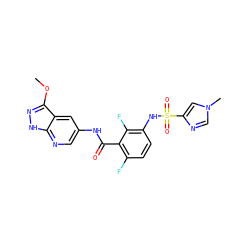 COc1n[nH]c2ncc(NC(=O)c3c(F)ccc(NS(=O)(=O)c4cn(C)cn4)c3F)cc12 ZINC000072179838