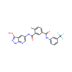 COc1n[nH]c2ncc(NC(=O)c3cc(C(=O)Nc4cccc(C(F)(F)F)c4)ccc3C)cc12 ZINC000095573014