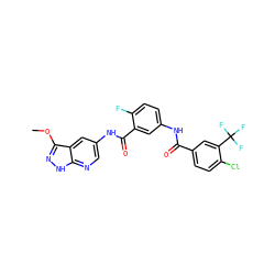 COc1n[nH]c2ncc(NC(=O)c3cc(NC(=O)c4ccc(Cl)c(C(F)(F)F)c4)ccc3F)cc12 ZINC000095575403