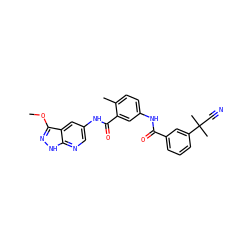 COc1n[nH]c2ncc(NC(=O)c3cc(NC(=O)c4cccc(C(C)(C)C#N)c4)ccc3C)cc12 ZINC000095580476