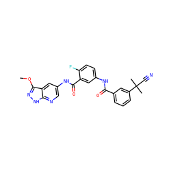 COc1n[nH]c2ncc(NC(=O)c3cc(NC(=O)c4cccc(C(C)(C)C#N)c4)ccc3F)cc12 ZINC000095577744
