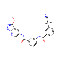 COc1n[nH]c2ncc(NC(=O)c3cccc(NC(=O)c4cccc(C(C)(C)C#N)c4)c3)cc12 ZINC000095579978