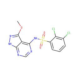 COc1n[nH]c2ncnc(NS(=O)(=O)c3cccc(Cl)c3Cl)c12 ZINC001772657598