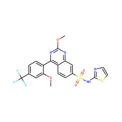 COc1nc(-c2ccc(C(F)(F)F)cc2OC)c2ccc(S(=O)(=O)Nc3nccs3)cc2n1 ZINC000215522023