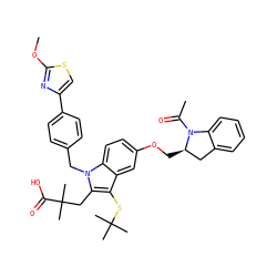 COc1nc(-c2ccc(Cn3c(CC(C)(C)C(=O)O)c(SC(C)(C)C)c4cc(OC[C@@H]5Cc6ccccc6N5C(C)=O)ccc43)cc2)cs1 ZINC000049771593
