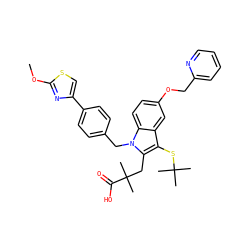 COc1nc(-c2ccc(Cn3c(CC(C)(C)C(=O)O)c(SC(C)(C)C)c4cc(OCc5ccccn5)ccc43)cc2)cs1 ZINC000043020805