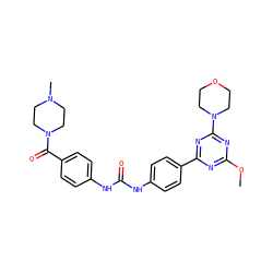 COc1nc(-c2ccc(NC(=O)Nc3ccc(C(=O)N4CCN(C)CC4)cc3)cc2)nc(N2CCOCC2)n1 ZINC000072177976