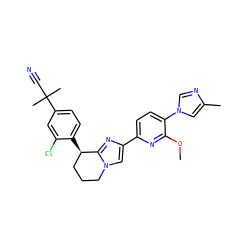COc1nc(-c2cn3c(n2)[C@H](c2ccc(C(C)(C)C#N)cc2Cl)CCC3)ccc1-n1cnc(C)c1 ZINC000149063032