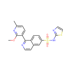 COc1nc(C)ccc1-c1nccc2cc(S(=O)(=O)Nc3nccs3)ccc12 ZINC000225087375
