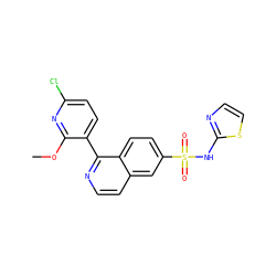 COc1nc(Cl)ccc1-c1nccc2cc(S(=O)(=O)Nc3nccs3)ccc12 ZINC000225116126