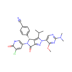 COc1nc(N(C)C)ncc1-n1nc2c(c1C(C)C)[C@@H](c1ccc(C#N)cc1)N(c1c[nH]c(=O)c(Cl)c1)C2=O ZINC000206095087