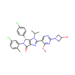 COc1nc(N2CC(O)C2)ncc1-c1nc2c(n1C(C)C)[C@@H](c1ccc(Cl)cc1)N(c1cc(Cl)ccc1C)C2=O ZINC000169705479