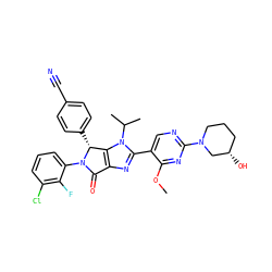 COc1nc(N2CCC[C@H](O)C2)ncc1-c1nc2c(n1C(C)C)[C@@H](c1ccc(C#N)cc1)N(c1cccc(Cl)c1F)C2=O ZINC000169705855