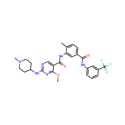COc1nc(NC2CCN(C)CC2)ncc1C(=O)Nc1cc(C(=O)Nc2cccc(C(F)(F)F)c2)ccc1C ZINC000029127914