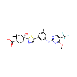 COc1nc(Nc2cc(C)cc(-c3cnc([C@@]4(O)CC[C@H](C(=O)O)C(C)(C)C4)s3)c2)ncc1C(F)(F)F ZINC000117898631