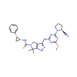 COc1nc(Nc2n[nH]c3c2CN(C(=O)N[C@@H]2C[C@@H]2c2ccccc2)C3(C)C)nc(N2CCC[C@H]2C#N)n1 ZINC000115984061