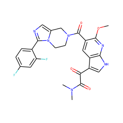 COc1nc2[nH]cc(C(=O)C(=O)N(C)C)c2cc1C(=O)N1CCn2c(cnc2-c2ccc(F)cc2F)C1 ZINC000028708626