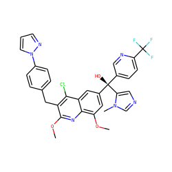 COc1nc2c(OC)cc([C@](O)(c3ccc(C(F)(F)F)nc3)c3cncn3C)cc2c(Cl)c1Cc1ccc(-n2cccn2)cc1 ZINC000219531108
