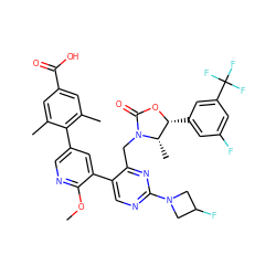 COc1ncc(-c2c(C)cc(C(=O)O)cc2C)cc1-c1cnc(N2CC(F)C2)nc1CN1C(=O)O[C@H](c2cc(F)cc(C(F)(F)F)c2)[C@@H]1C ZINC000205696356