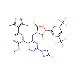 COc1ncc(-c2c(C)n[nH]c2C)cc1-c1cnc(N2CC(F)C2)nc1CN1C(=O)O[C@H](c2cc(C(F)(F)F)cc(C(F)(F)F)c2)[C@@H]1C ZINC000205750016