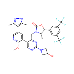 COc1ncc(-c2c(C)n[nH]c2C)cc1-c1cnc(N2CC(O)C2)nc1CN1C(=O)O[C@H](c2cc(C(F)(F)F)cc(C(F)(F)F)c2)[C@@H]1C ZINC000205763382
