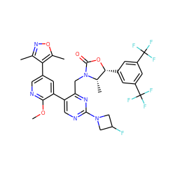 COc1ncc(-c2c(C)noc2C)cc1-c1cnc(N2CC(F)C2)nc1CN1C(=O)O[C@H](c2cc(C(F)(F)F)cc(C(F)(F)F)c2)[C@@H]1C ZINC000205737549