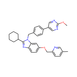 COc1ncc(-c2ccc(Cn3c(C4CCCCC4)nc4ccc(OCc5ccc(C)cn5)cc43)cc2)cn1 ZINC000221569219