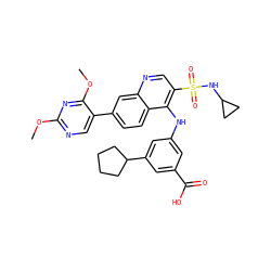 COc1ncc(-c2ccc3c(Nc4cc(C(=O)O)cc(C5CCCC5)c4)c(S(=O)(=O)NC4CC4)cnc3c2)c(OC)n1 ZINC000143765056