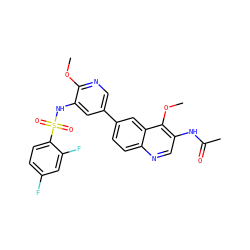 COc1ncc(-c2ccc3ncc(NC(C)=O)c(OC)c3c2)cc1NS(=O)(=O)c1ccc(F)cc1F ZINC001772579132