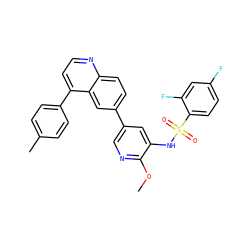COc1ncc(-c2ccc3nccc(-c4ccc(C)cc4)c3c2)cc1NS(=O)(=O)c1ccc(F)cc1F ZINC000205659475