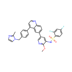 COc1ncc(-c2ccc3nccc(-c4ccc(Cn5ccnc5C)cc4)c3c2)cc1NS(=O)(=O)c1ccc(F)cc1F ZINC001772582478
