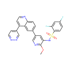 COc1ncc(-c2ccc3nccc(-c4ccnnc4)c3c2)cc1NS(=O)(=O)c1ccc(F)cc1F ZINC000043208634