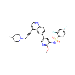 COc1ncc(-c2ccc3nccc(C#CCN4CCC(C)CC4)c3c2)cc1NS(=O)(=O)c1ccc(F)cc1F ZINC000653691219