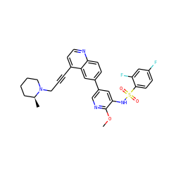COc1ncc(-c2ccc3nccc(C#CCN4CCCC[C@@H]4C)c3c2)cc1NS(=O)(=O)c1ccc(F)cc1F ZINC000653691235