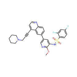 COc1ncc(-c2ccc3nccc(C#CCN4CCCCC4)c3c2)cc1NS(=O)(=O)c1ccc(F)cc1F ZINC000653691259