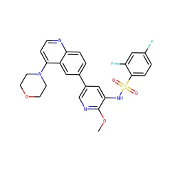 COc1ncc(-c2ccc3nccc(N4CCOCC4)c3c2)cc1NS(=O)(=O)c1ccc(F)cc1F ZINC000205658184