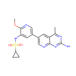 COc1ncc(-c2cnc3nc(N)nc(C)c3c2)cc1NS(=O)(=O)C1CC1 ZINC000299830273